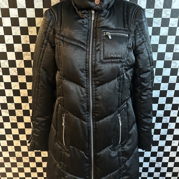BEBE Long Black Satin Down Puffer Coat SIZE SM - Picture 9 of 10